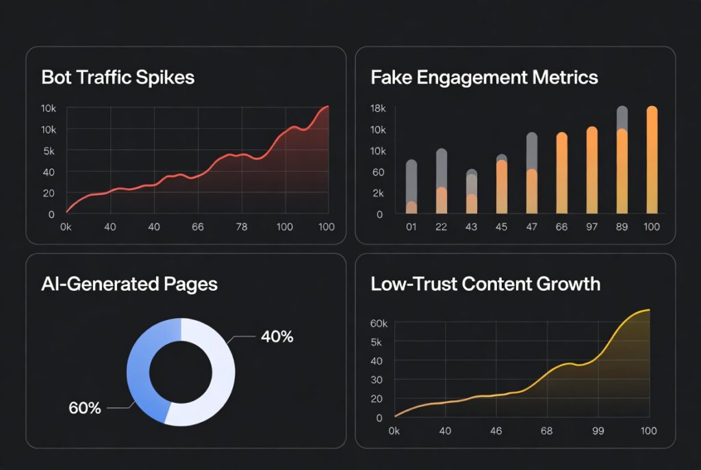 Dead Internet theory visual showing bots fake engagement and AI-generated content growth